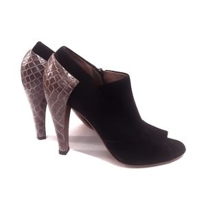 Alaia peep-toe bootie. Suede + python.  As New.